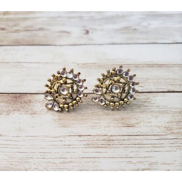 Vintage Earrings for Pierced Ears - Stunning Ornate Gold Tone & Clear Gem - Picture 1 of 4